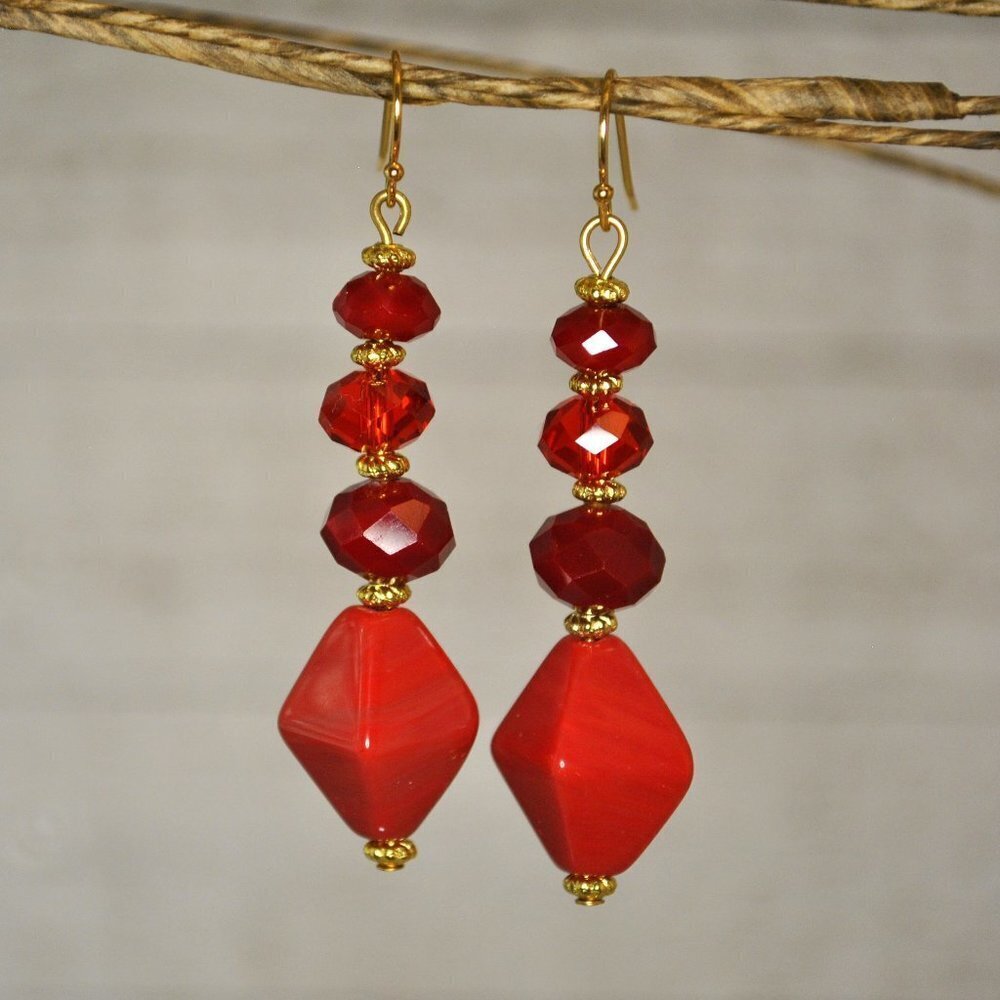 Fiery Red & Orange Faceted Crystal Earrings Handmade​​​​